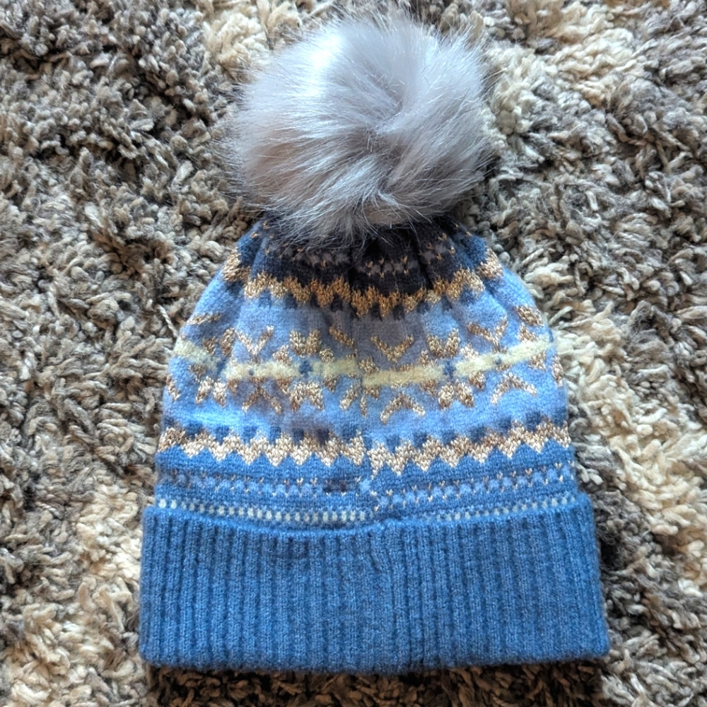 Cozy Blue and Gray Pom-Pom Beanie